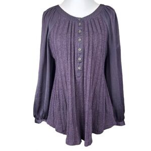 Anthropologie Meadow Rue Plum Knit Ballon Sleeve Blouse M Boho Mixed Media NEW